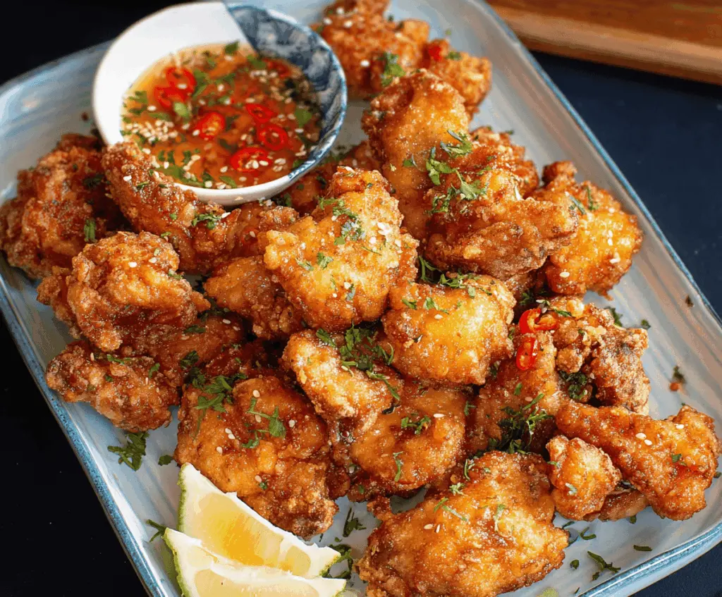 Crispy Japanese Karaage Chicken served with lemon and garnish, showcasing golden-brown fried Japanese-style chicken bites on a plate