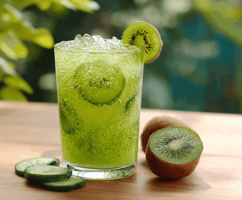 Refreshing Kiwi Cucumber Cooler served in a glass with fresh kiwi slices and cucumber, perfect for a healthy summer refreshment.