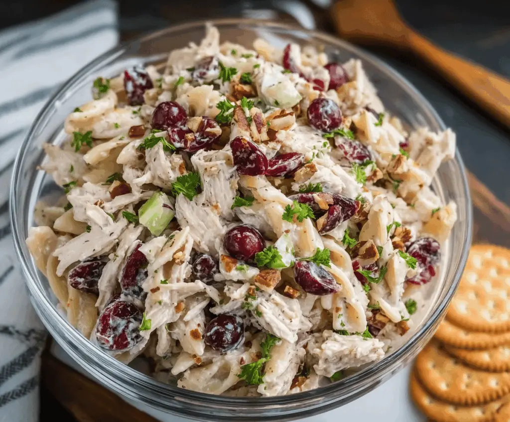 Colorful leftover turkey cranberry pasta salad with fresh greens, cranberries, and a creamy dressing, perfect for a festive holiday meal.