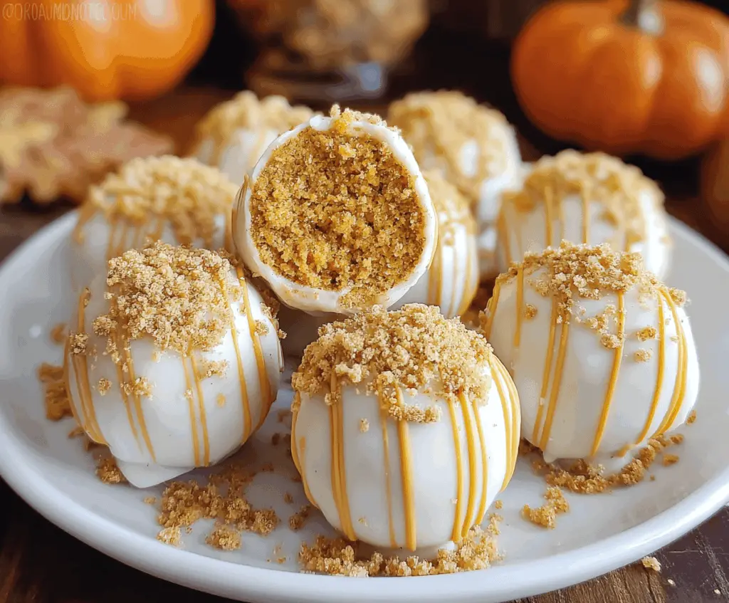 Delicious no-bake pumpkin cheesecake balls garnished with crushed graham crackers and cinnamon, perfect for fall desserts