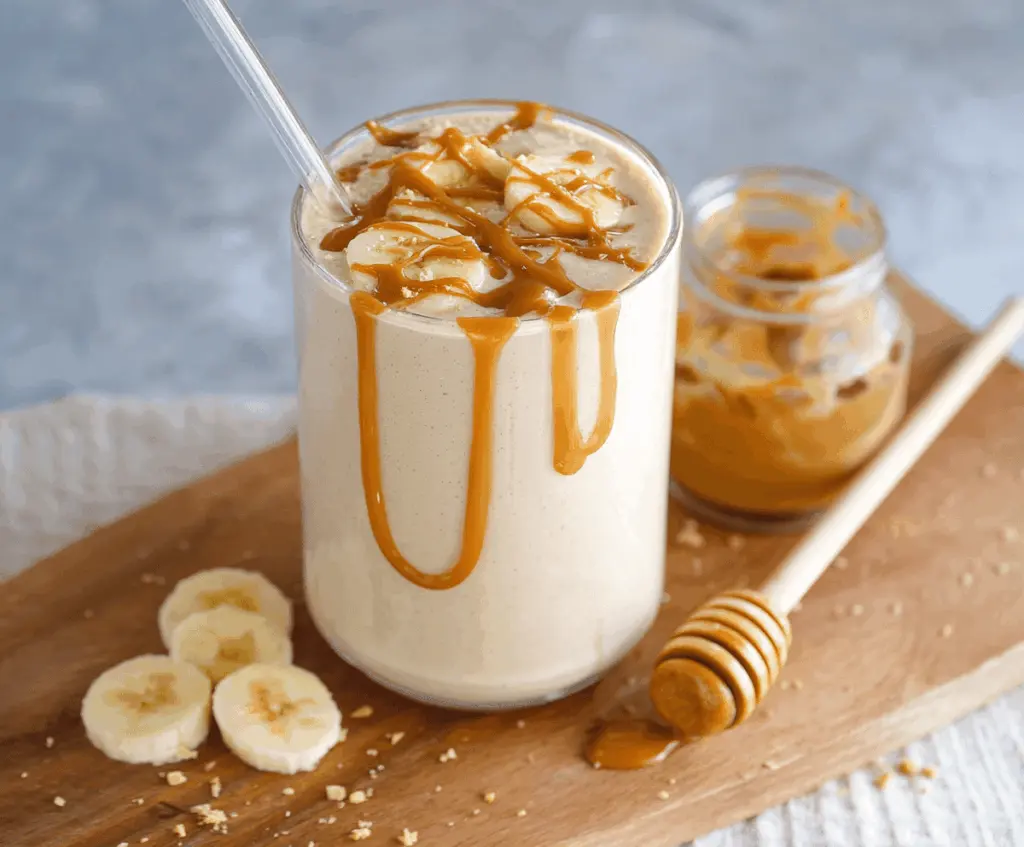 Creamy peanut butter and ripe banana smoothie in a glass, topped with a drizzle of honey and a sprinkle of chopped peanuts, perfect for a nutritious breakfast or snack.