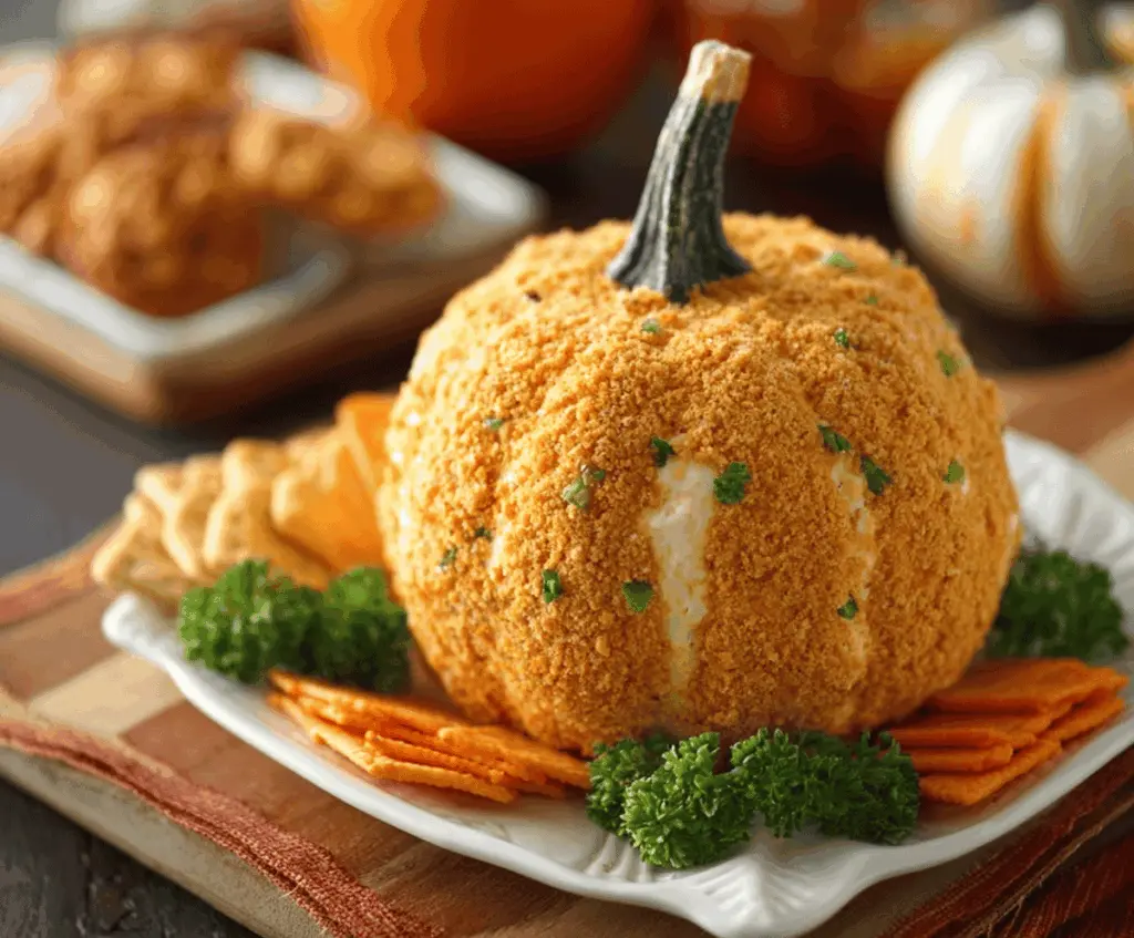 Creamy pumpkin cheese ball garnished with chopped nuts and herbs, perfect for fall gatherings and festive appetizers.