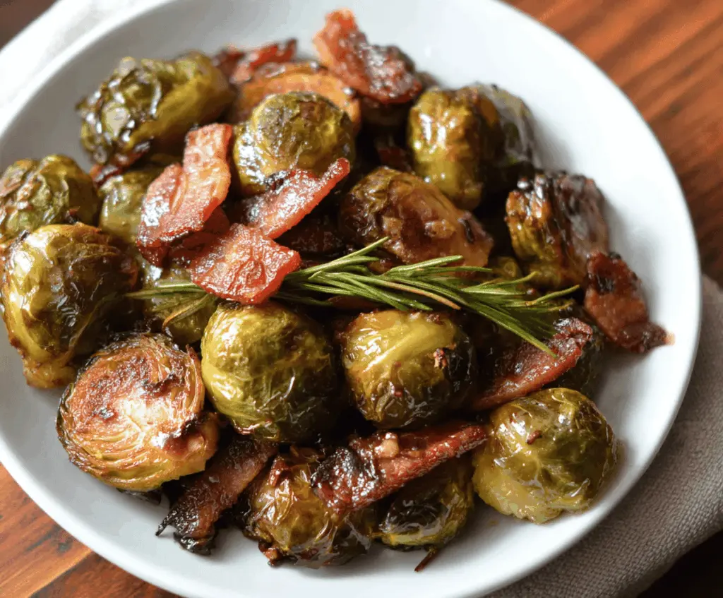 Delicious roasted Brussels sprouts with crispy bacon and balsamic glaze, perfect for Thanksgiving side dish
