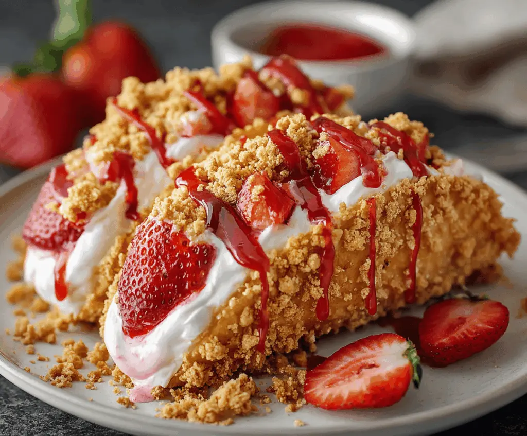 Delicious Strawberry Crunch Cheesecake Tacos topped with fresh strawberries and crunchy topping on a white plate
