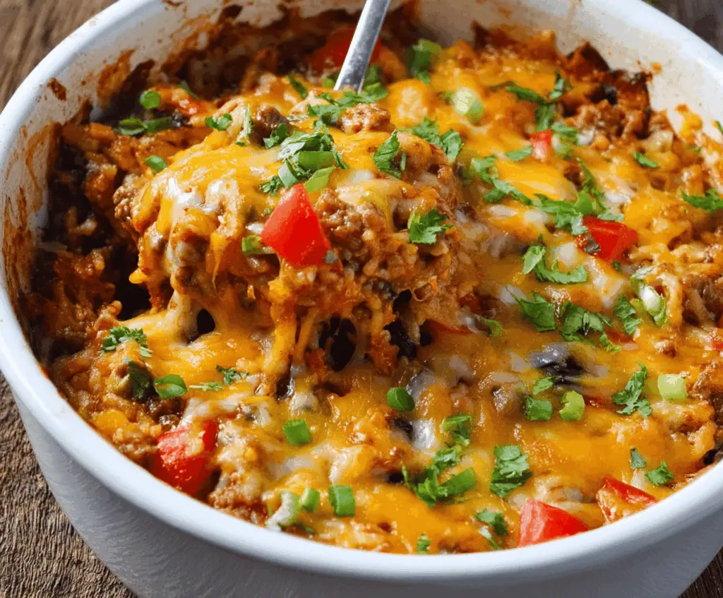 Delicious Stuffed Pepper Casserole topped with melted cheese and fresh herbs, served in a baking dish, perfect for a flavorful and hearty meal.