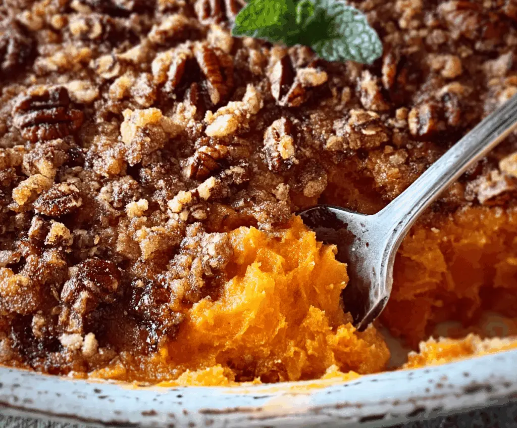 Delicious sweet potato casserole topped with pecan streusel, perfect for Thanksgiving dessert or side dish
