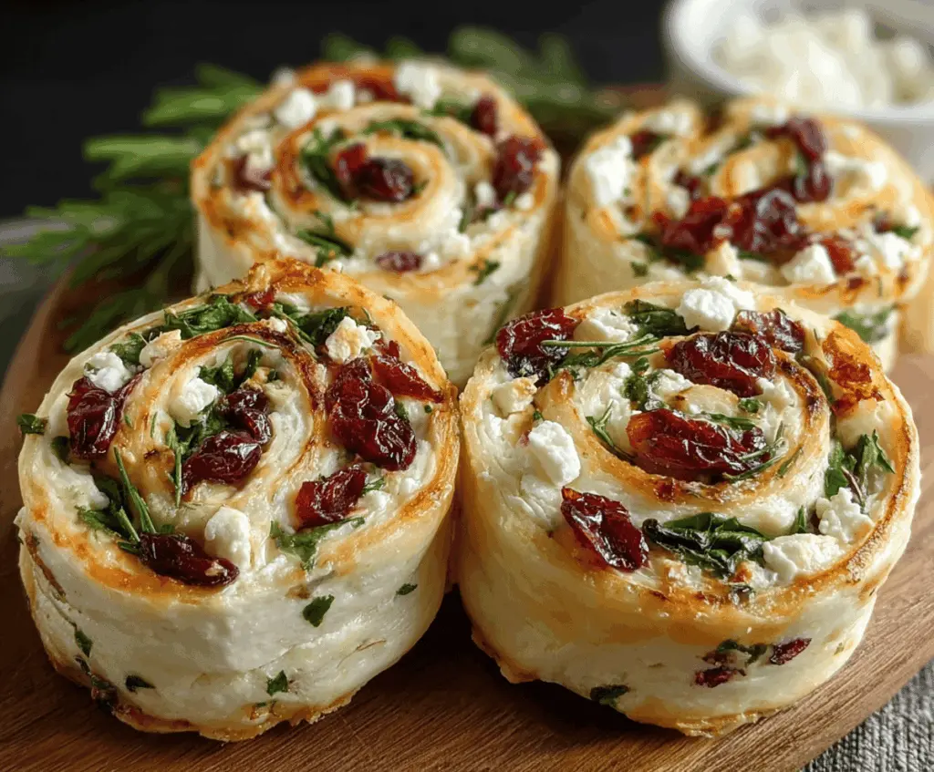 Delicious Christmas cranberry feta pinwheels on a festive platter, perfect for holiday appetizers.