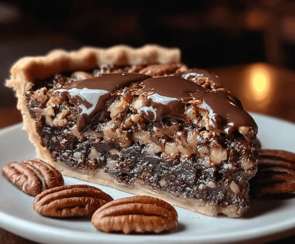 Delicious slice of Texas Chocolate Pecan Pie topped with whipped cream on a rustic plate, showcasing rich chocolate filling and crunchy pecans