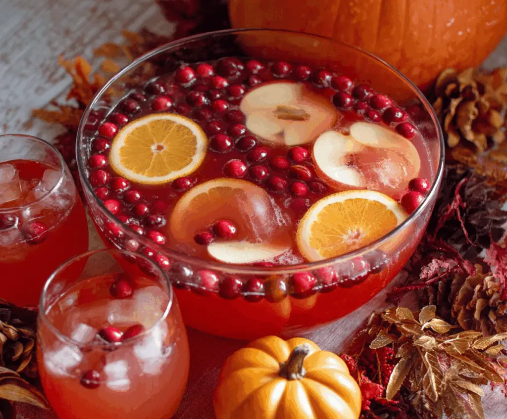 Colorful Thanksgiving Punch served in a glass pitcher with fresh fruit and mint garnishes, perfect for holiday celebrations