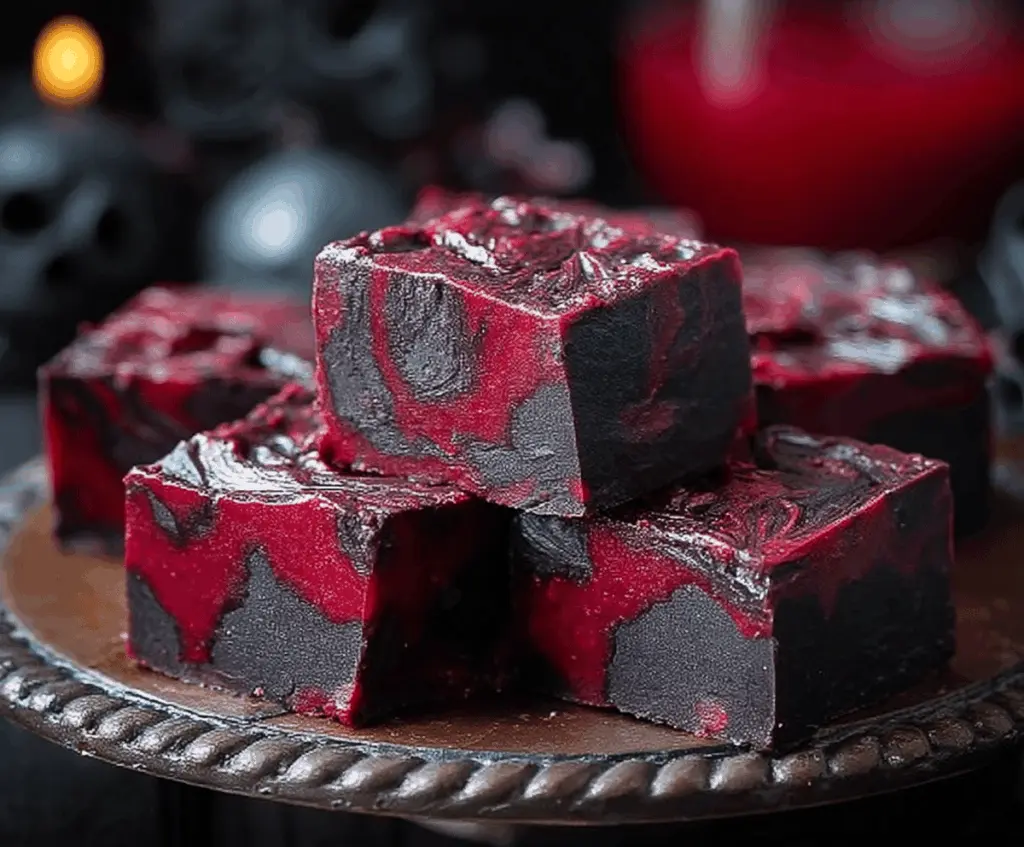 Decorative vampire-themed fudge with red and black icing, perfect for Halloween treats