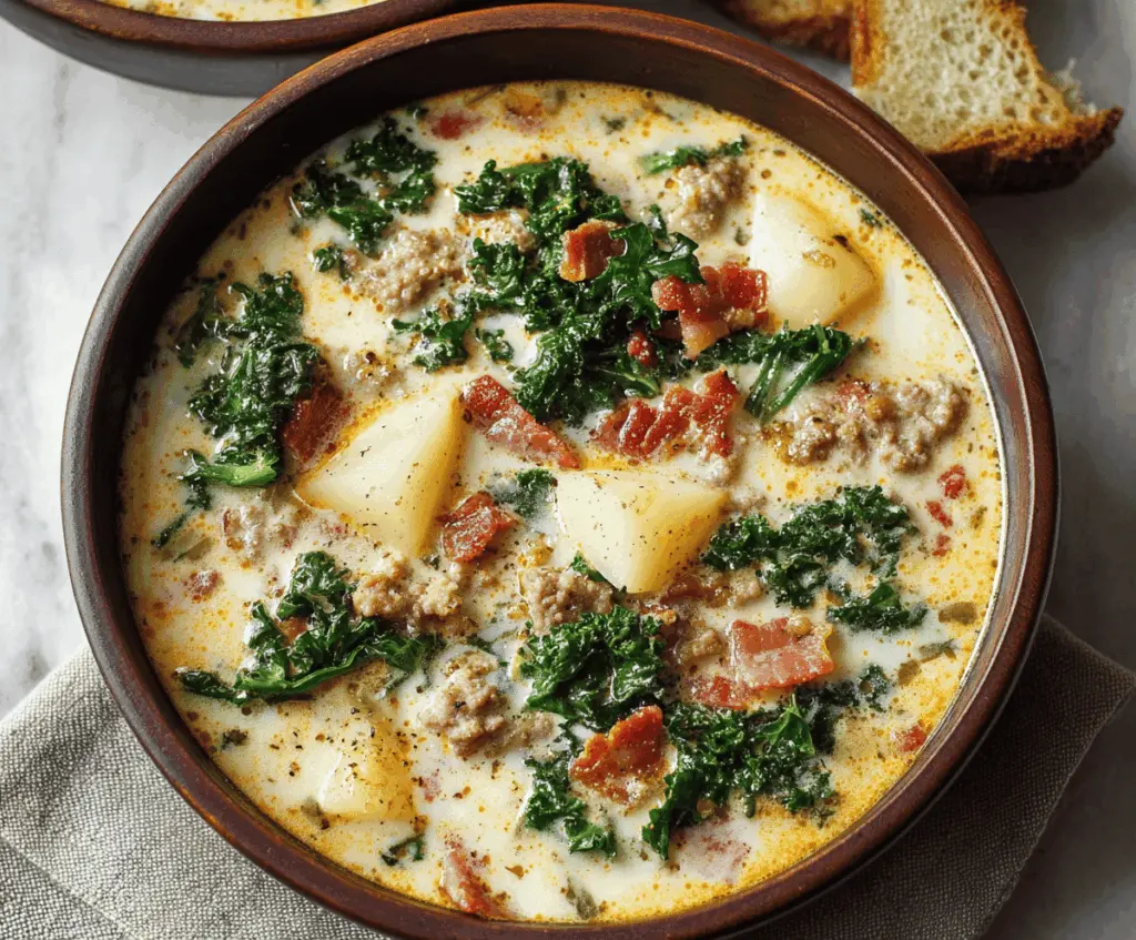 A bowl of Zuppa Toscana Soup featuring creamy broth, sliced Italian sausage, chopped kale, and crispy bacon crumbles, served with crusty bread on the side.
