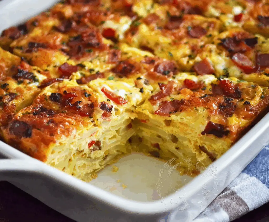 Delicious Bacon Potato Egg Breakfast Casserole with crispy bacon and golden potatoes in a baking dish
