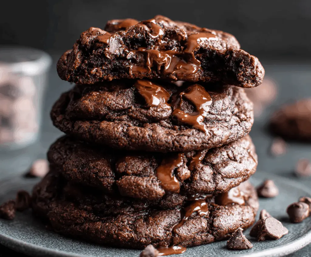 Delicious bakery-style double chocolate chip cookies fresh from the oven.