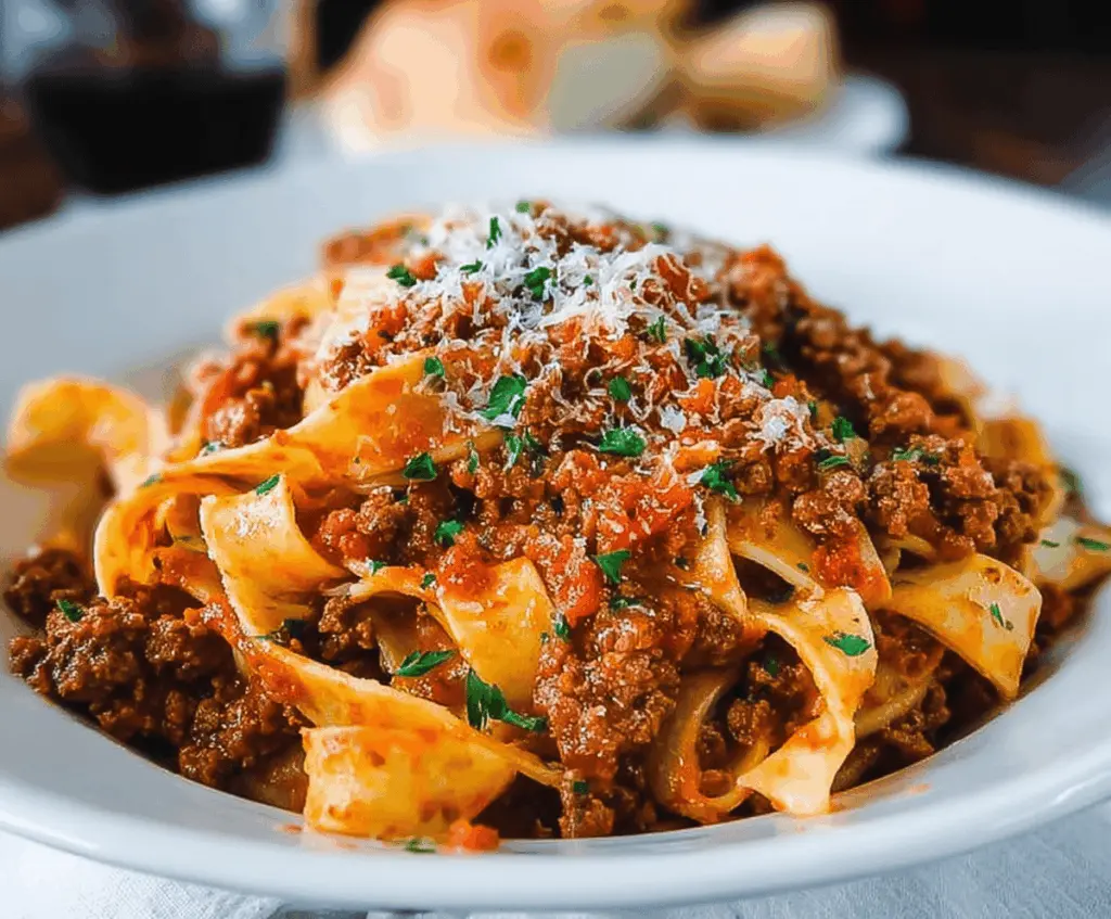Delicious beef bolognese served over pasta, showcasing a rich tomato sauce with ground beef and herbs.
