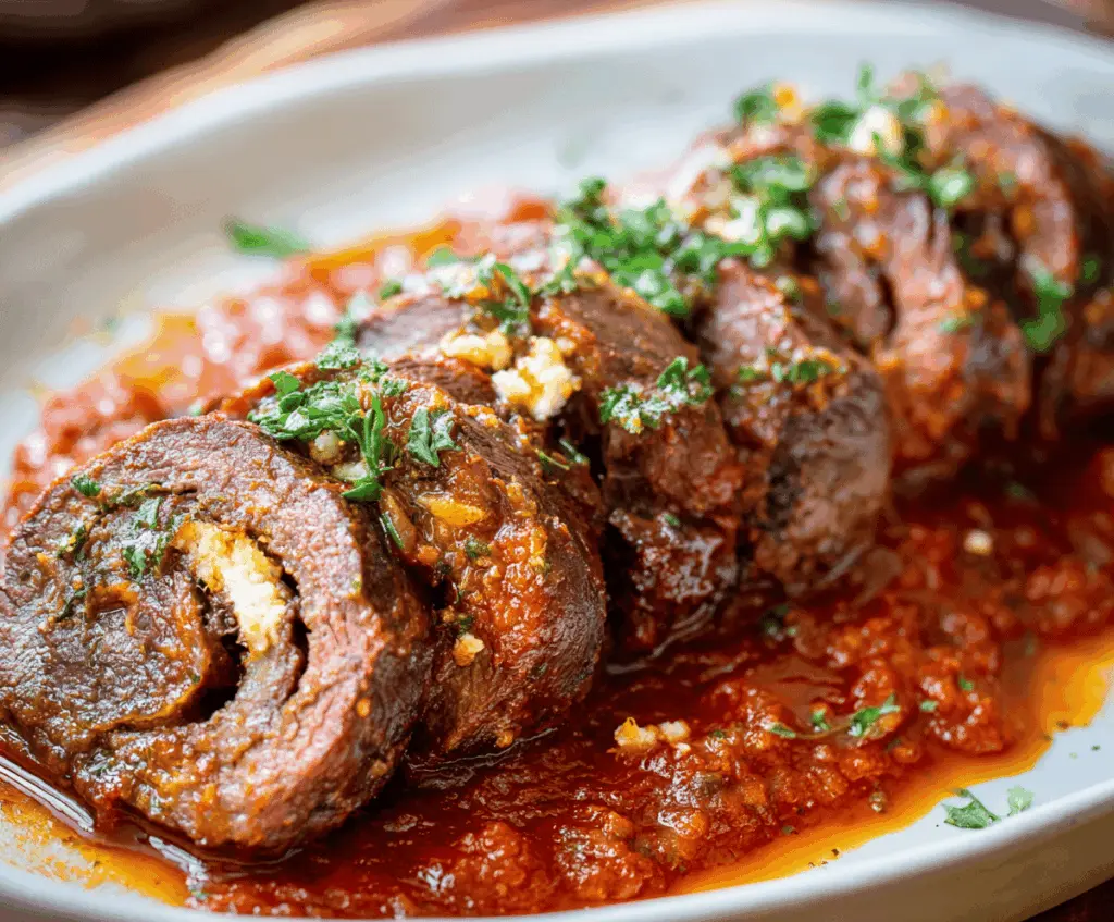 Delicious homemade Beef Braciole rolled with herbs and cheese, served on a rustic plate.