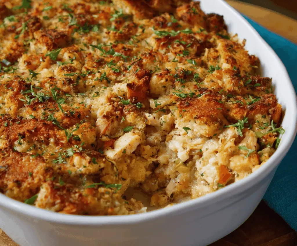 Delicious chicken stuffing casserole served in a baking dish, topped with golden-brown crust.