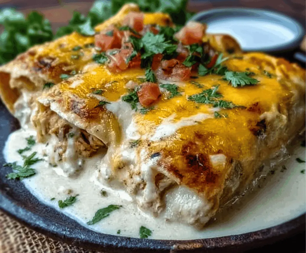 Delicious cheesy chicken enchiladas with creamy sauce served on a plate.