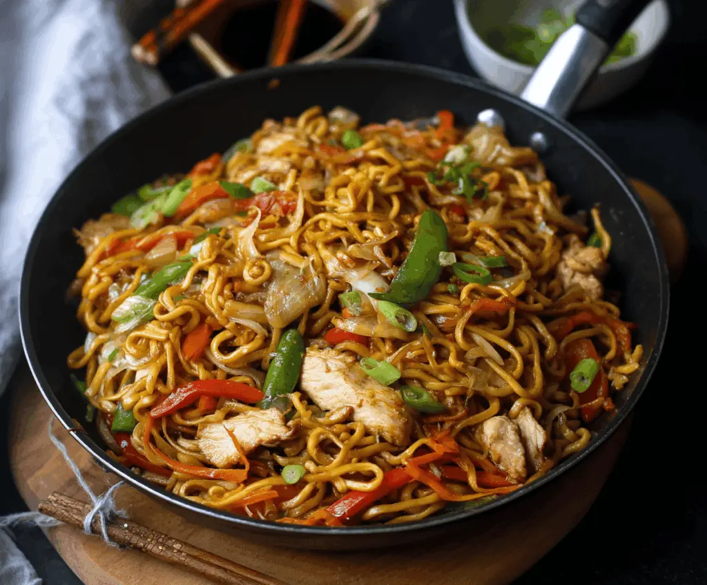 Delicious Chicken Yakisoba stir-fried noodles with vegetables on a plate