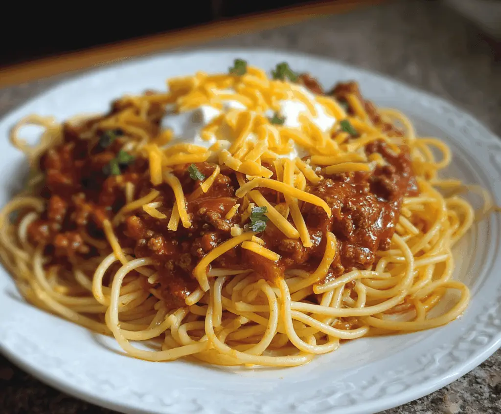 Delicious chili spaghetti dish served on a plate, perfect for a spicy dinner recipe.
