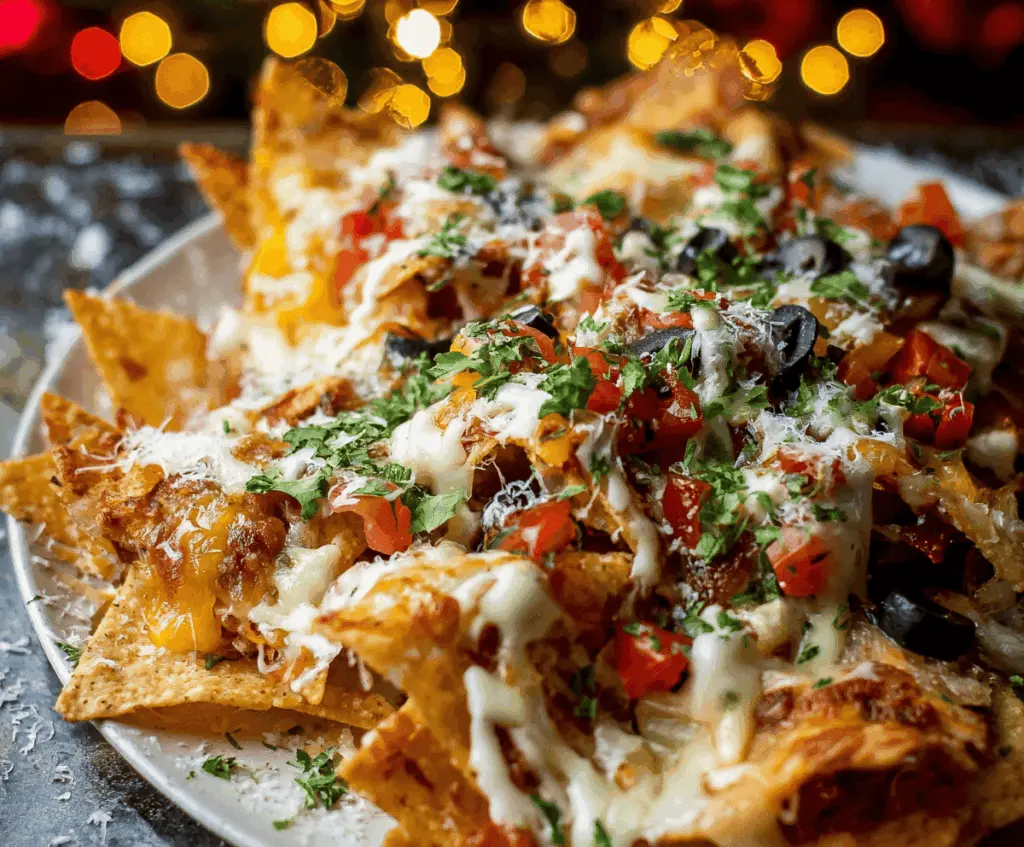 Delicious Christmas Italian Nachos with melted cheese, fresh herbs, and festive toppings on a holiday plate.
