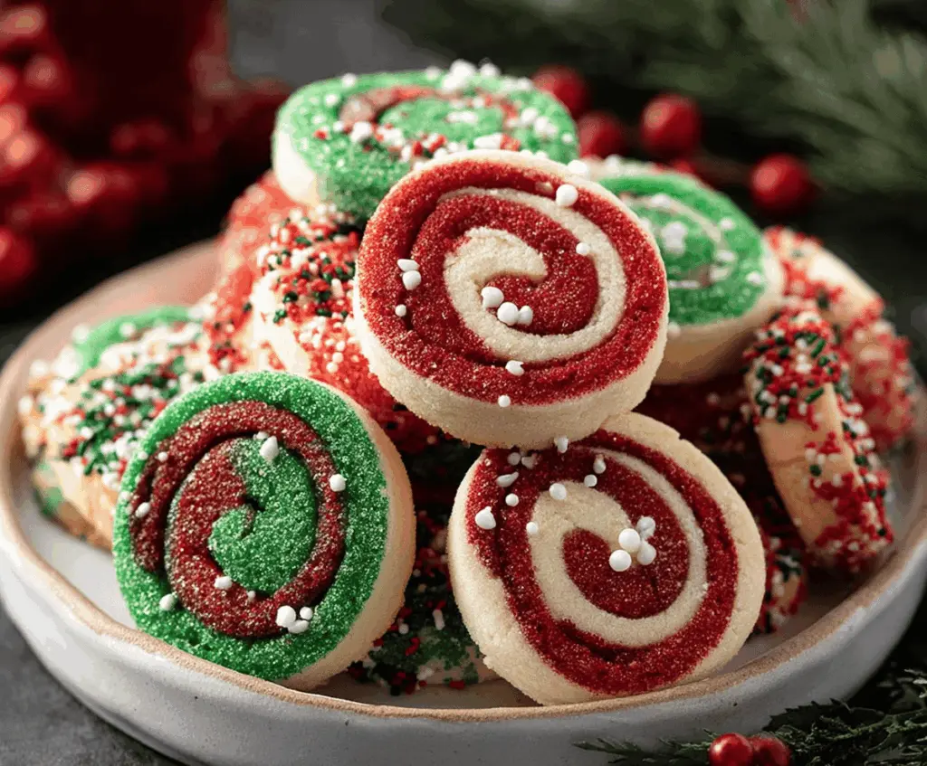 Decorative Christmas pinwheel cookies with colorful icing and festive sprinkles on a holiday tray.