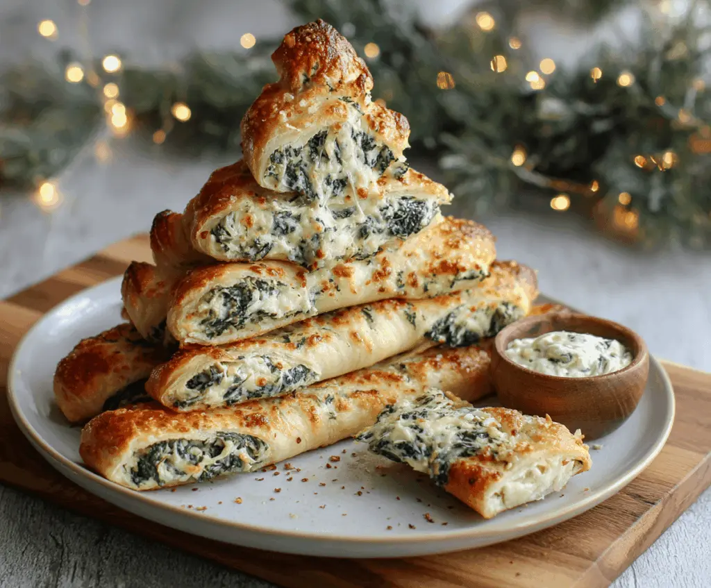 Festive Christmas Tree Spinach Dip Breadsticks served as holiday appetizer