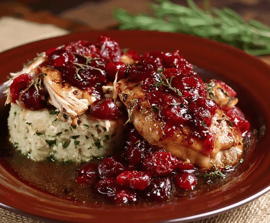 Delicious slow cooker cranberry chicken dish served with fresh herbs and vibrant cranberries.