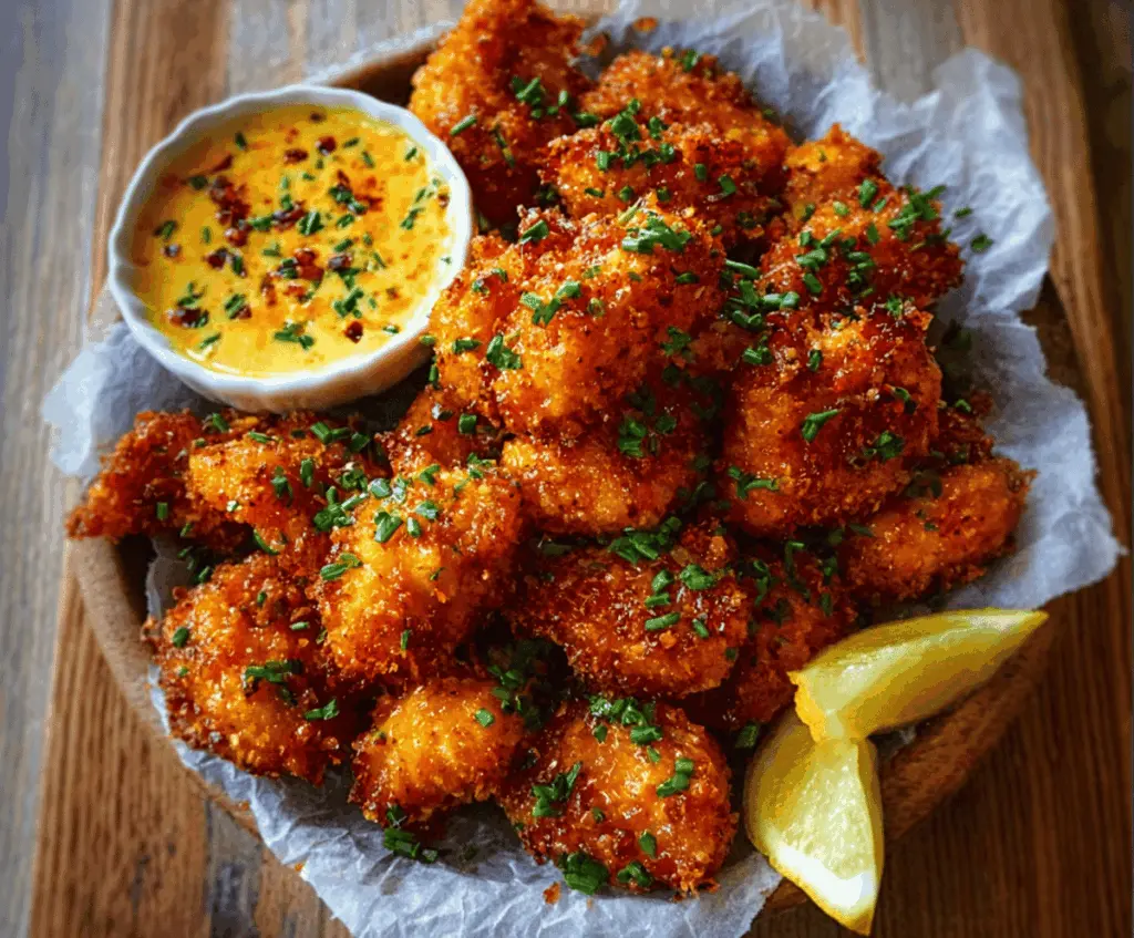 Close-up of Golden Brown Cowboy Butter Chicken Bites garnished with fresh herbs on a rustic wooden plate.