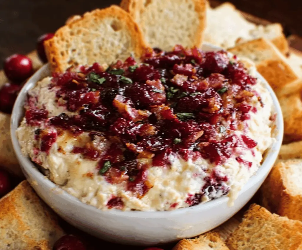 Creamy cranberry and bacon Swiss cheese dip served with crackers for a tasty appetizer.