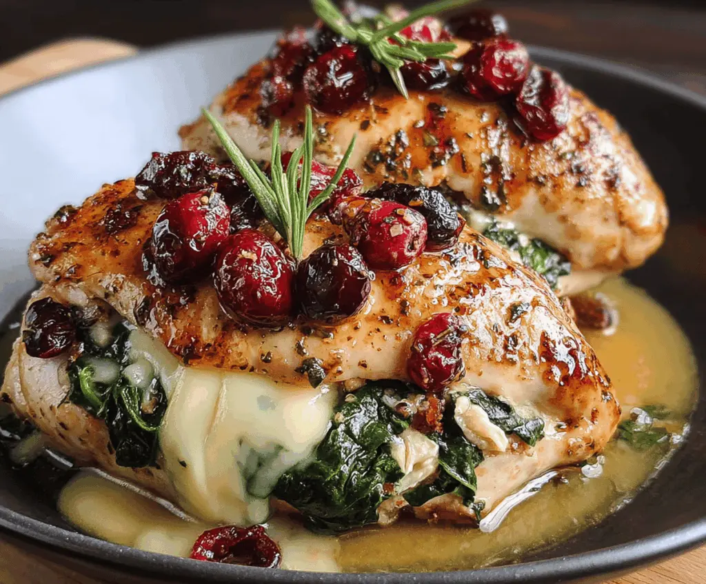 Delicious cranberry and spinach stuffed chicken breast topped with creamy Brie cheese.