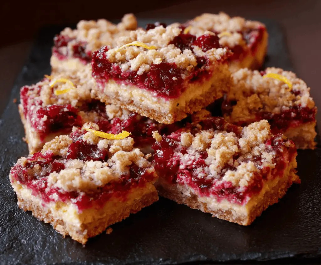Sweet cranberry-orange bars on a plate with orange zest and fresh cranberries for a festive dessert