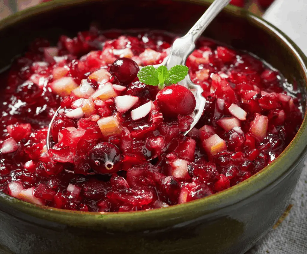 Colorful cranberry salad with fresh cranberries and chopped almonds served in a glass bowl.
