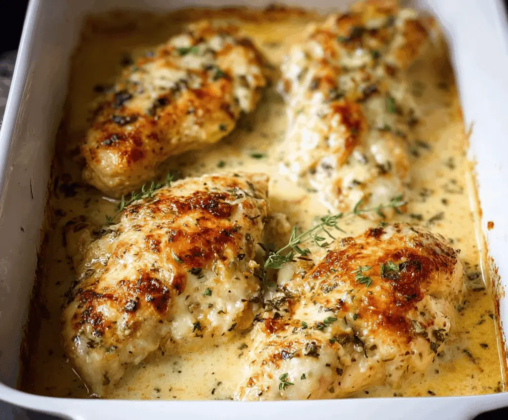 Delicious creamy baked Asiago chicken garnished with fresh herbs on a white plate.
