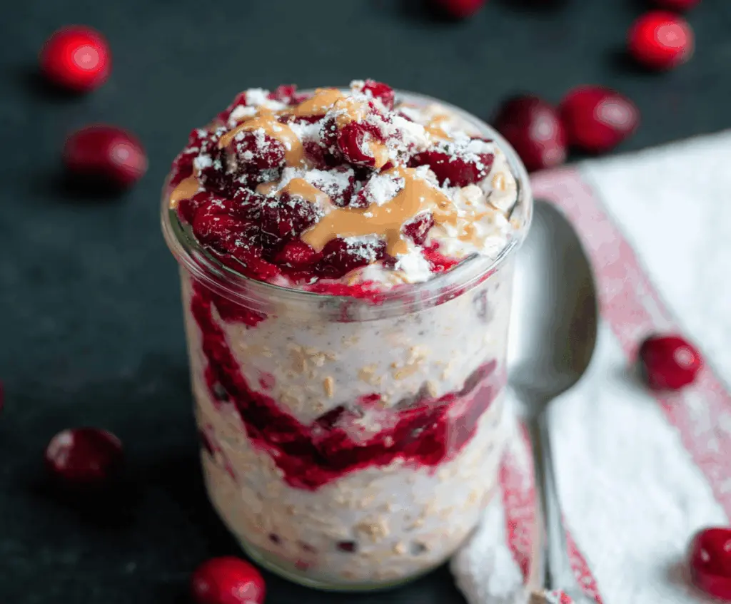 Creamy Cranberry Overnight Oats in a glass jar topped with fresh cranberries and nuts, ready for a busy morning.