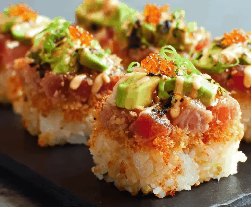 Delicious crispy rice sushi topped with fresh fish and garnishes, served on a wooden platter.