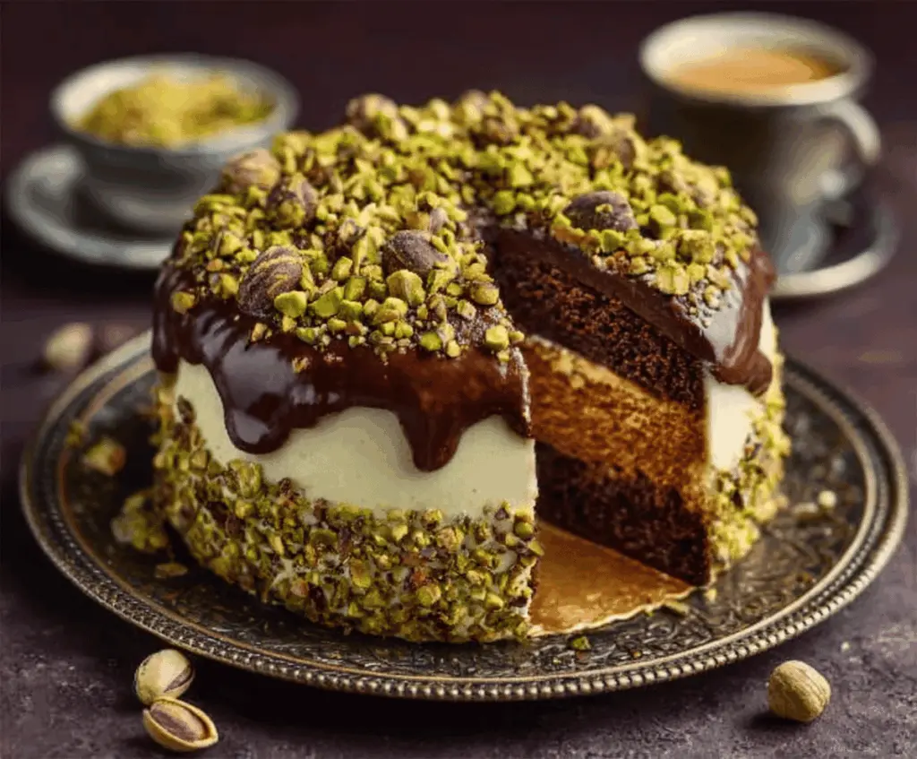 Delicious Dubai Chocolate Pistachio Cake topped with fresh pistachios and rich chocolate glaze