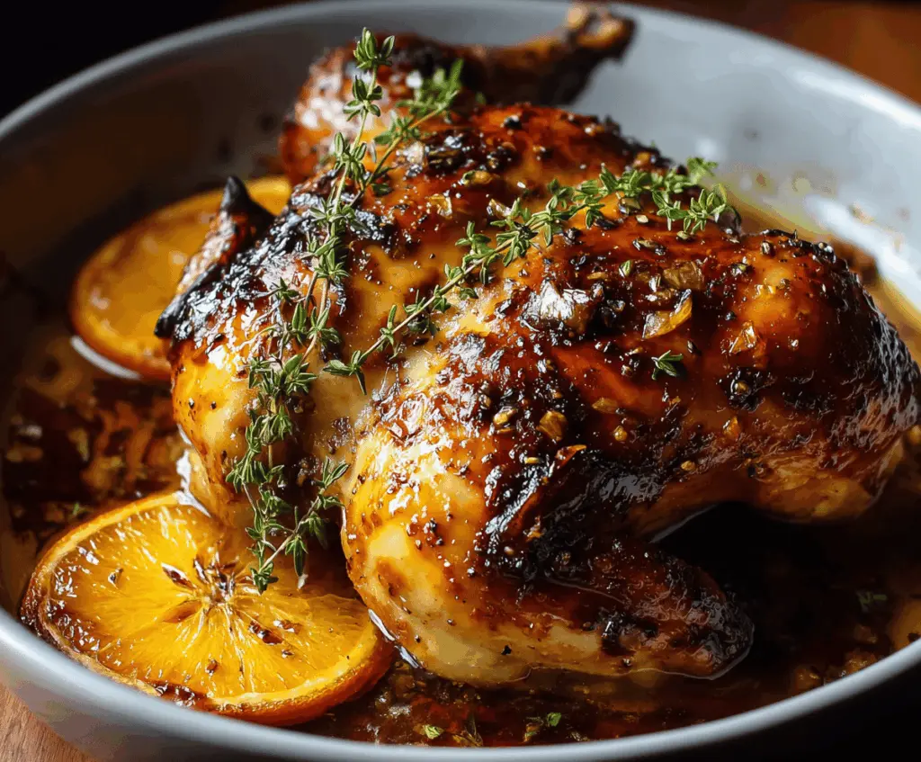 Juicy roasted orange chicken garnished with fresh garlic and thyme on a rustic plate.