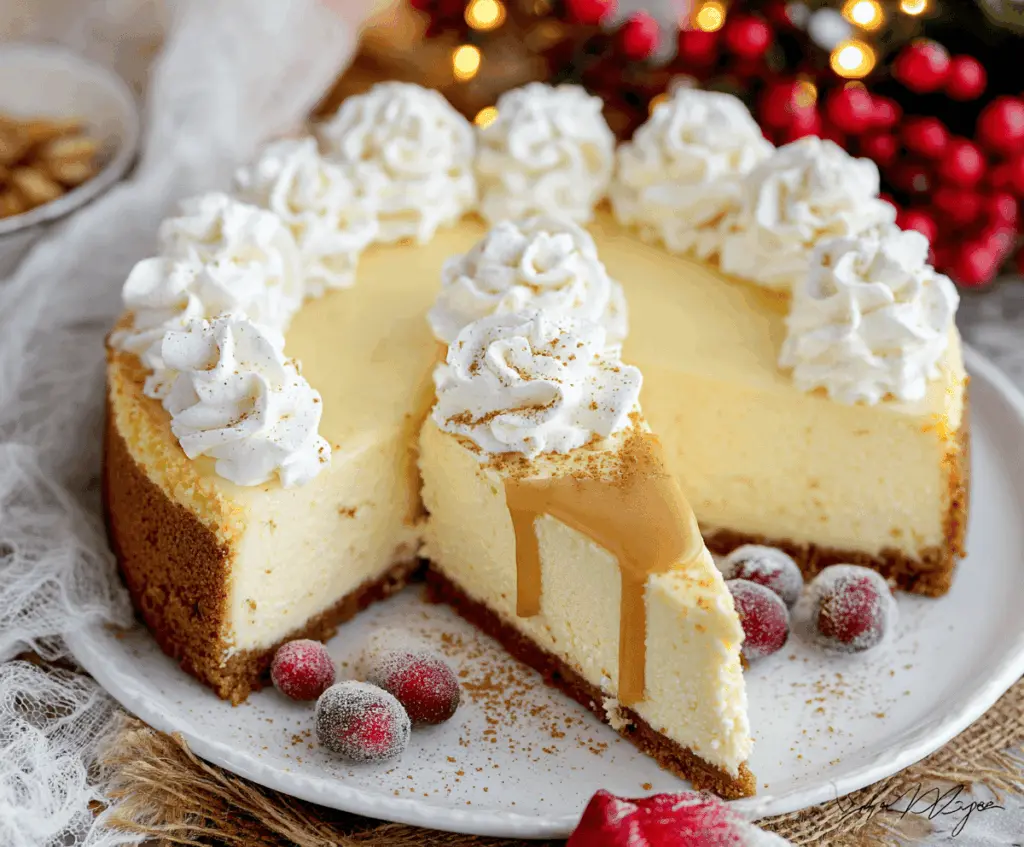 Creamy eggnog Christmas cheesecake topped with whipped cream and festive sprinkles.