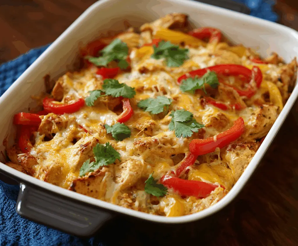 Delicious fajita chicken casserole topped with melted cheese and colorful bell peppers, perfect for a hearty meal.