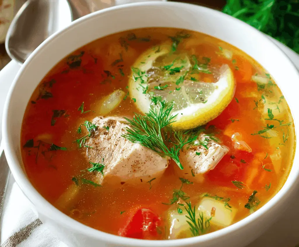 Delicious homemade fish soup in a bowl with fresh herbs and vegetables.