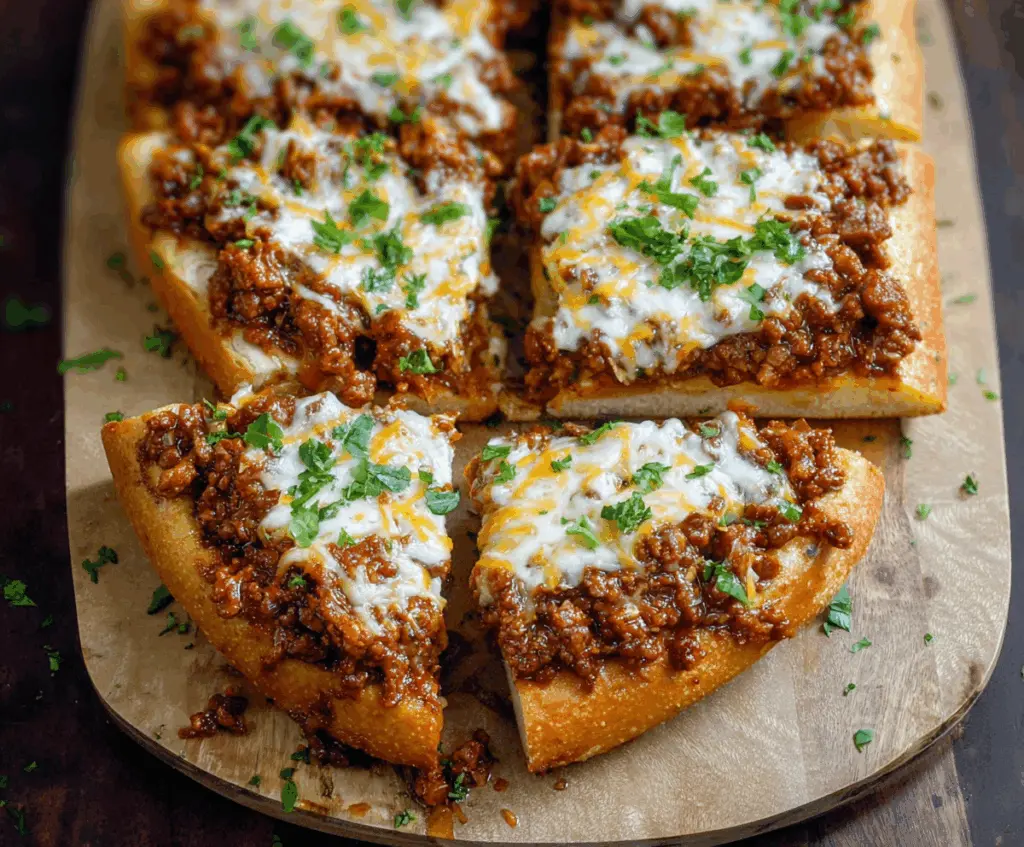 Delicious Garlic Bread Sloppy Joes served on a plate with fresh herbs.