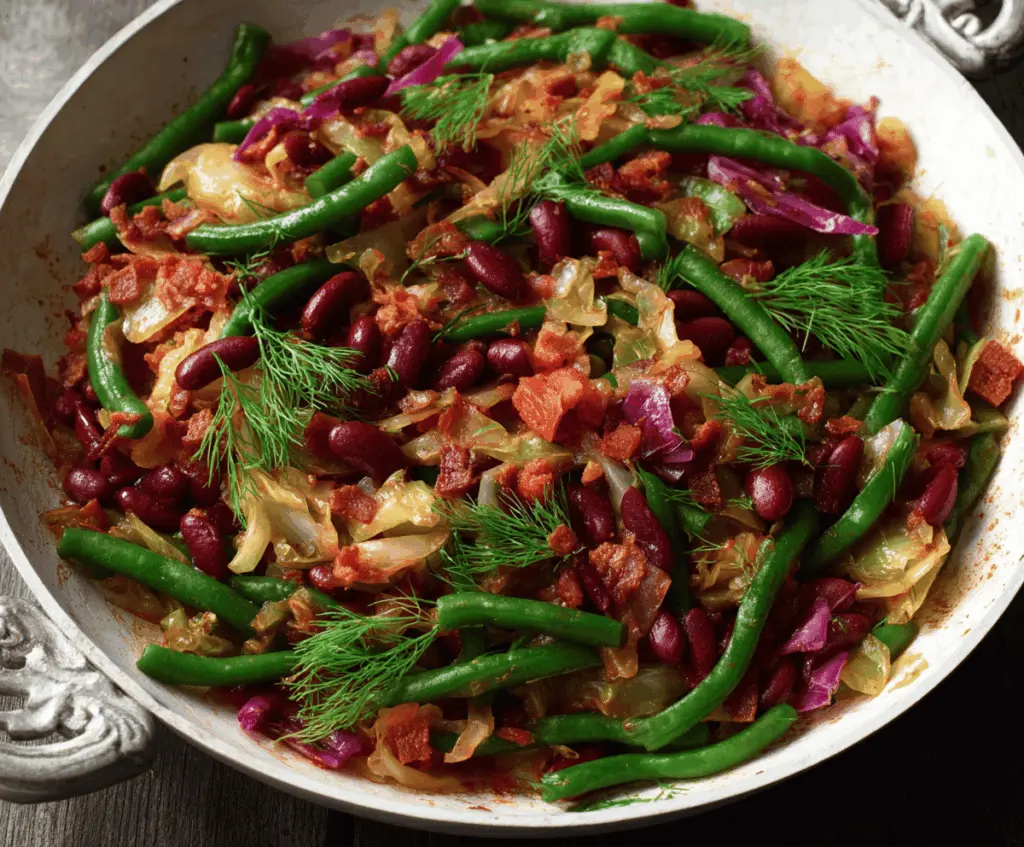 Delicious German-style cabbage and beans dish served in a rustic bowl.