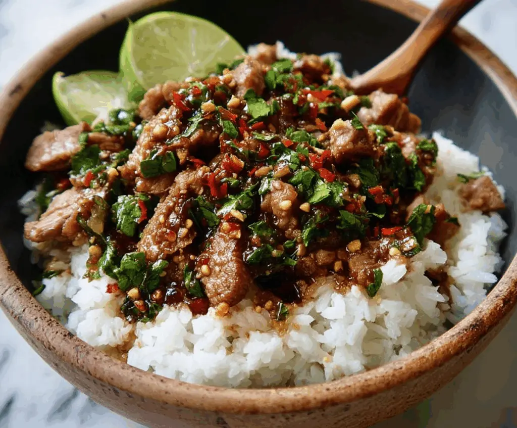 Delicious Ginger Lime Pork served with aromatic coconut rice on a plate.