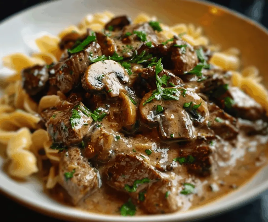 Delicious Gordon Ramsay Beef Stroganoff served with creamy sauce and tender beef strips.