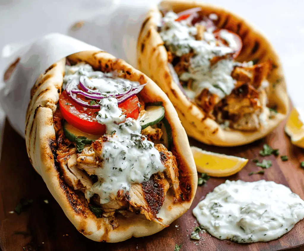 Delicious grilled chicken gyros served with creamy tzatziki sauce on a pita bread.