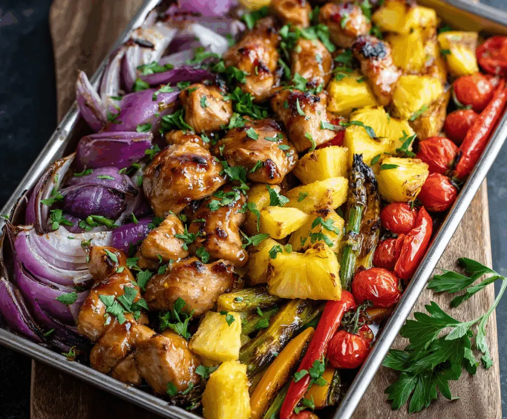 Delicious Hawaiian Chicken Sheet Pan with tropical fruits and vegetables ready to serve.