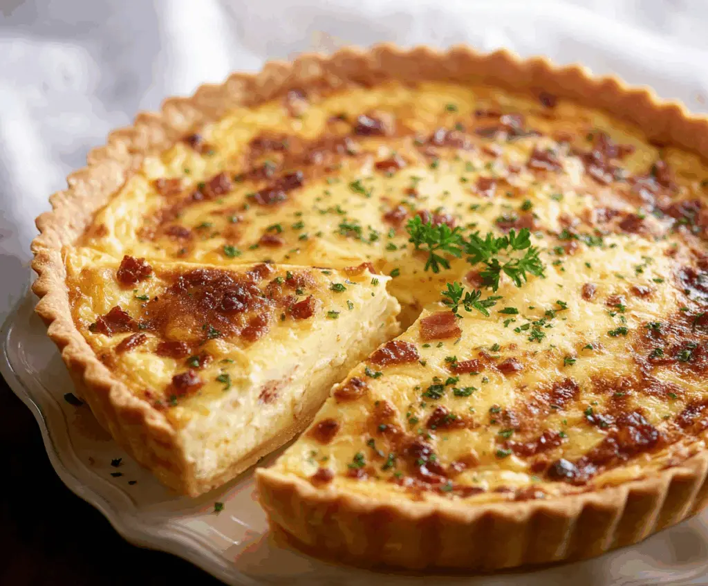 Delicious Holiday Quiche Lorraine with crispy crust and creamy filling on a festive table.