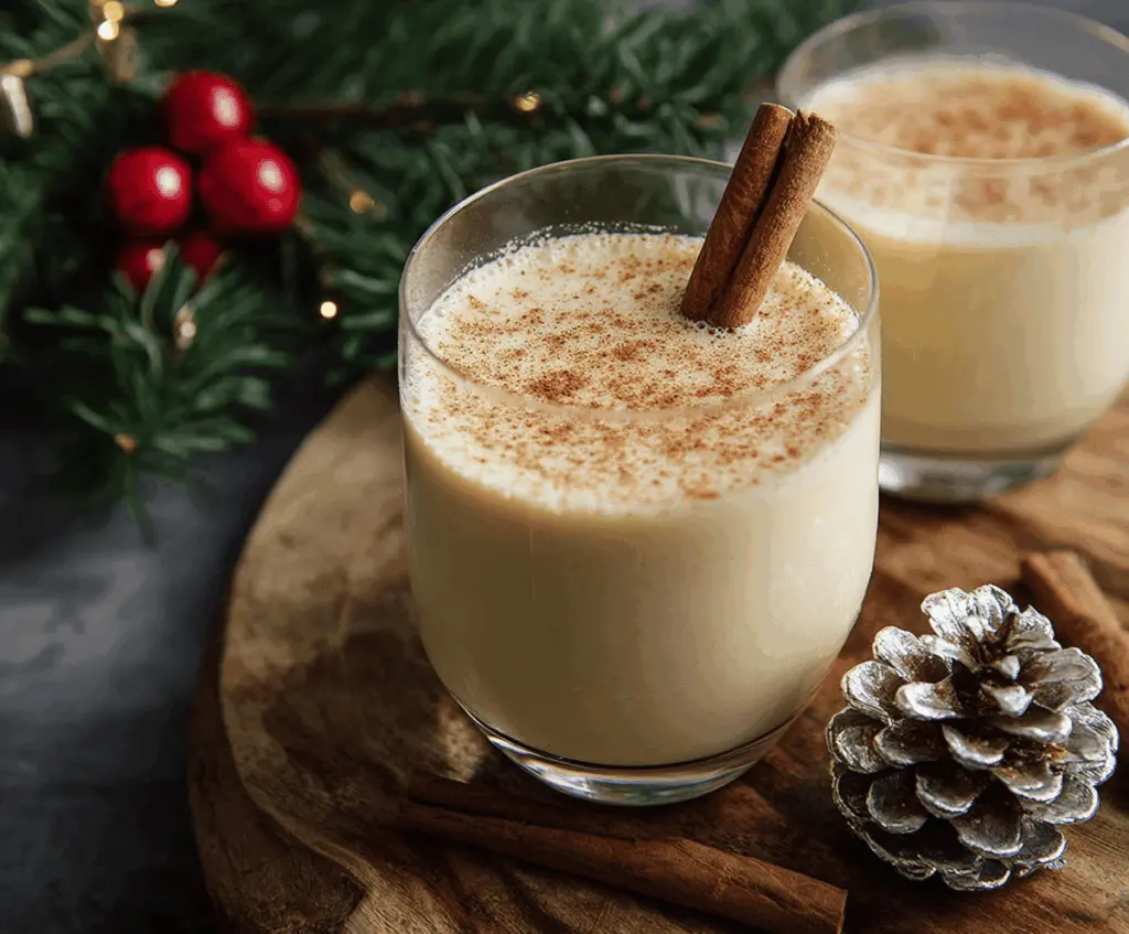 Creamy homemade eggnog in a glass with nutmeg sprinkled on top for a festive holiday drink
