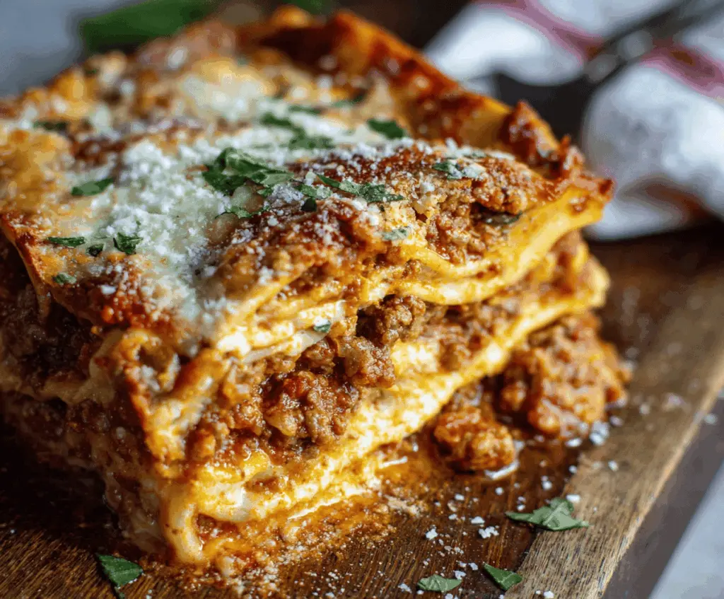 Delicious homemade lasagna with layers of pasta, cheese, and rich tomato sauce.