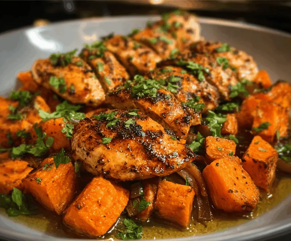 Succulent honey garlic chicken served with roasted sweet potatoes on a white plate.